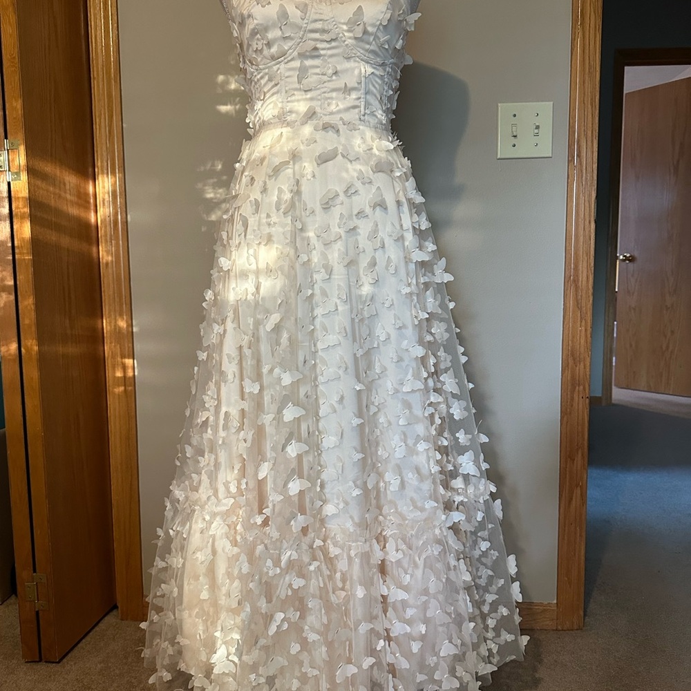 3D Butterfly Champagne Maxi A-line Corset Dress